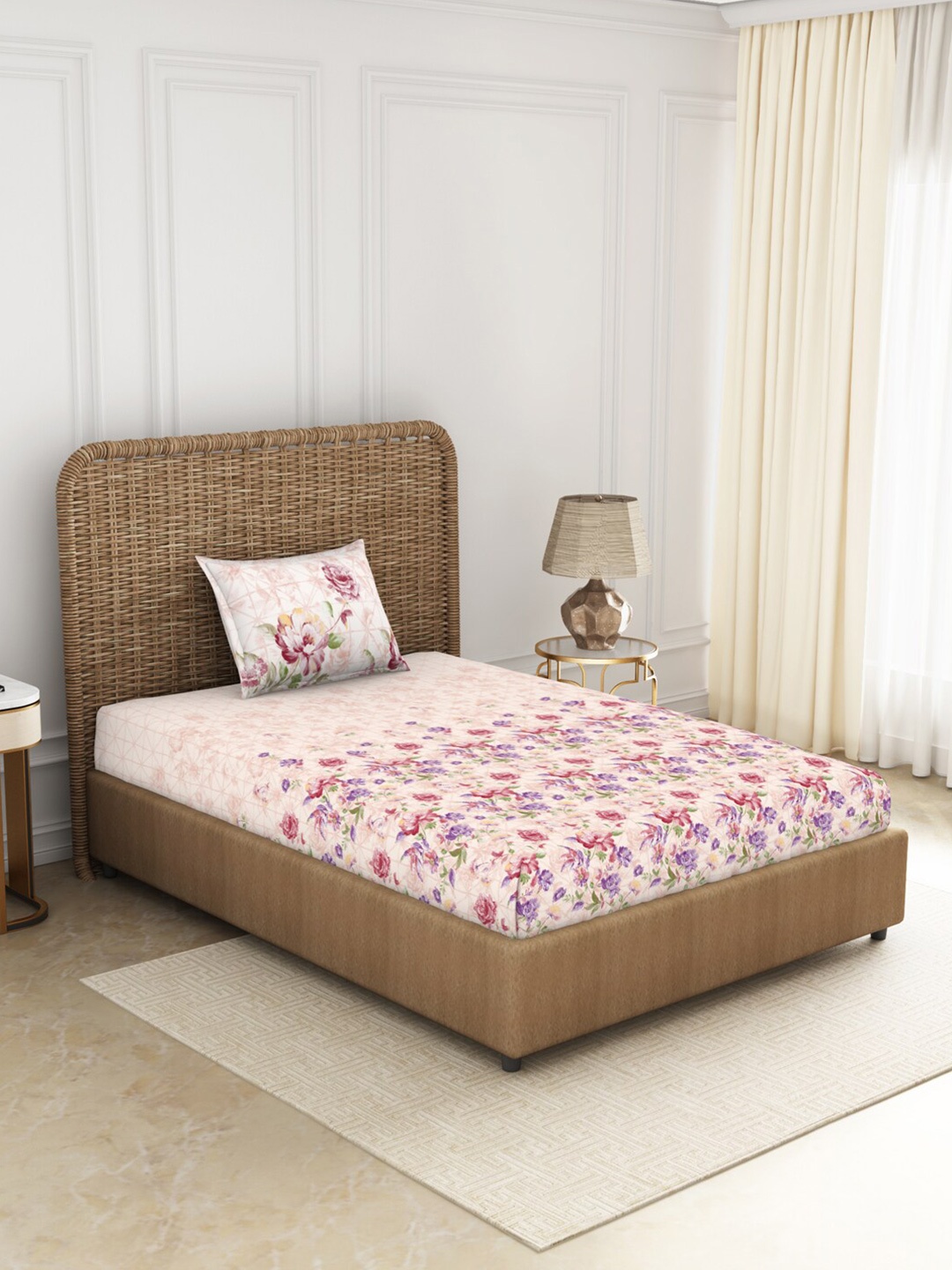 

SPACES Orange & Violet Floral 144 TC Cotton Anti-Viral Single Bedsheet with 1 Pillow Cover