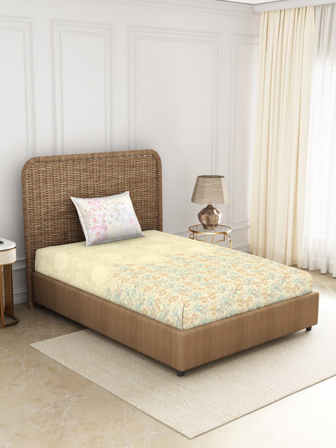 

SPACES Beige & Blue Floral 144 TC Pure Cotton Single Bedsheet with 1 Pillow Covers