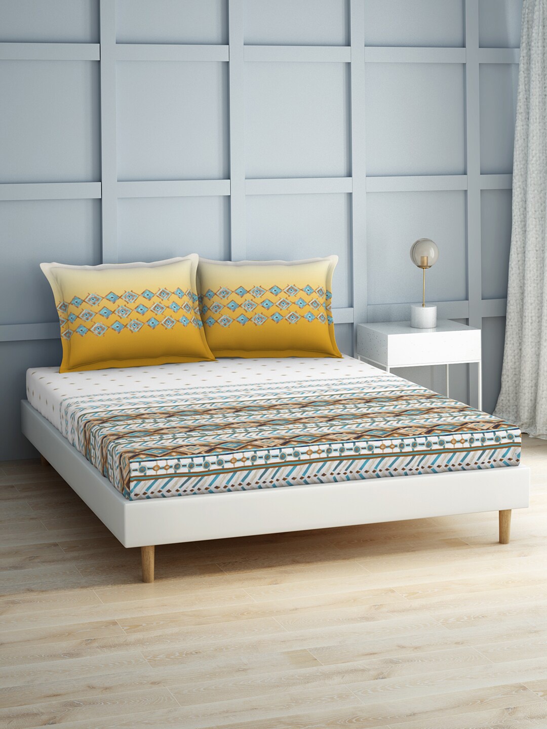 

SPACES Brown & Yellow Geometric 210 TC King Bedsheet with 2 Pillow Covers