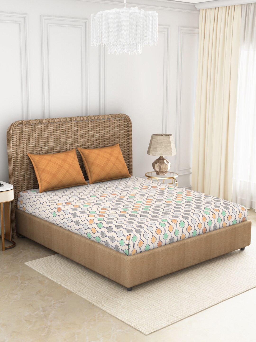 

SPACES Orange & Grey Geometric 144 TC Pure Cotton Queen Bedsheet with 2 Pillow Covers
