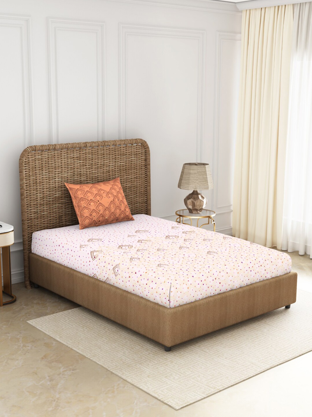 

SPACES Pink & Orange Geometric 144 TC Cotton Single Bedsheet with 1 Pillow Covers