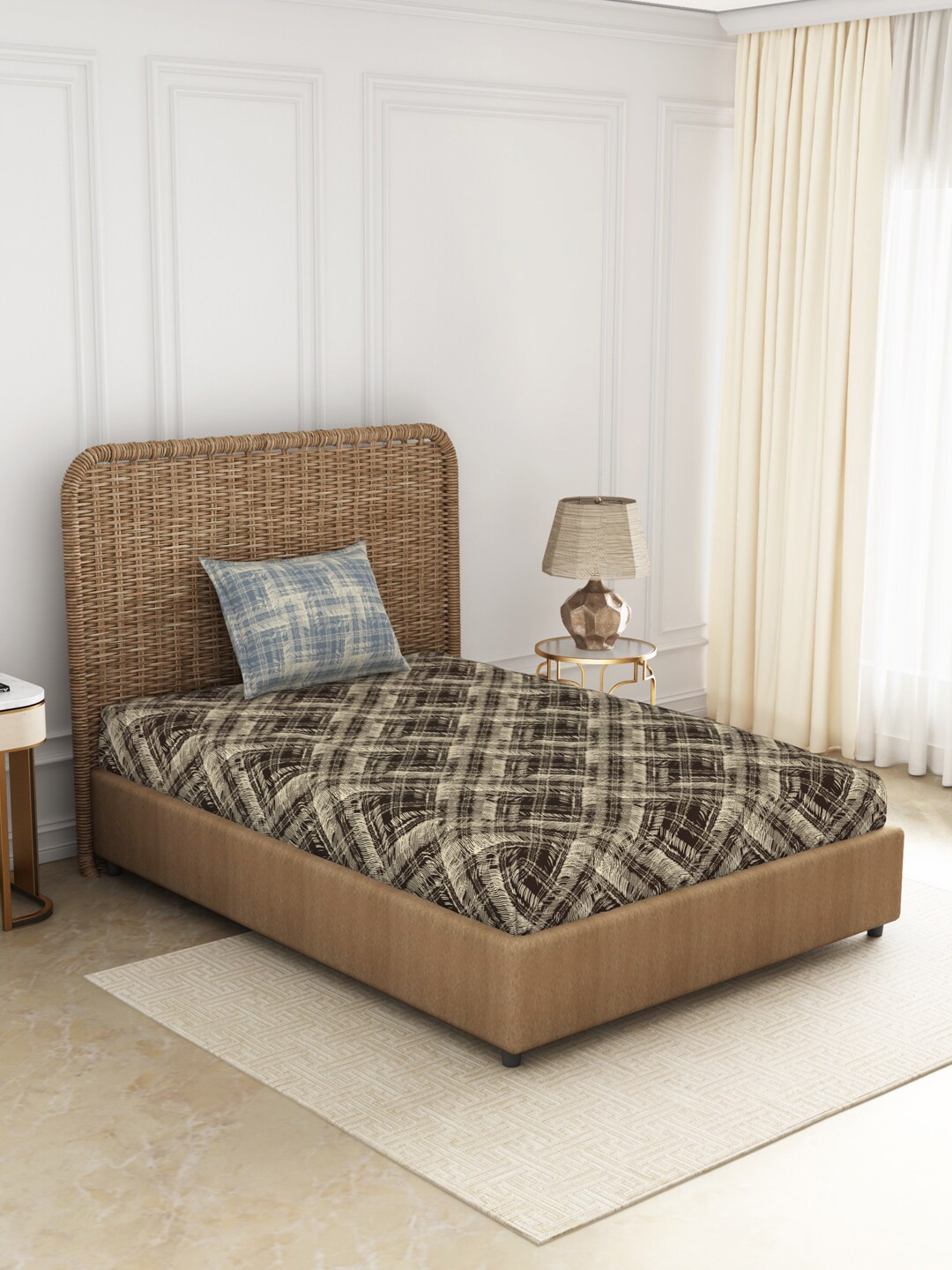 

SPACES Brown & Blue Geometric 144 TC Pure Cotton Single Bedsheet with 1 Pillow Cover