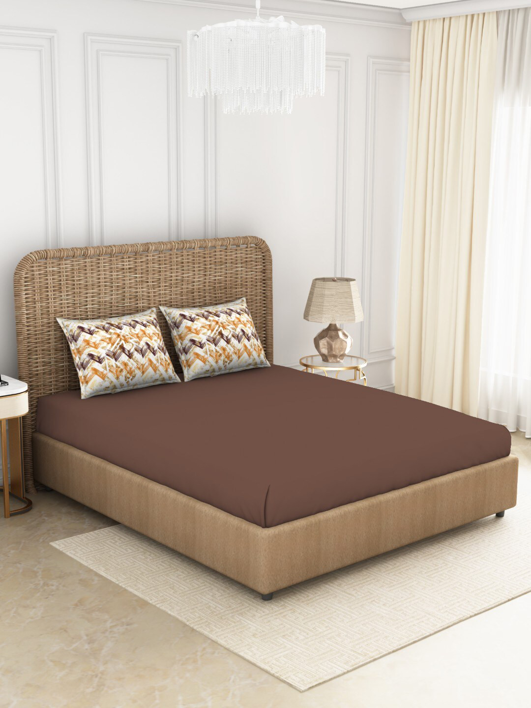 

SPACES Brown & Orange 144 TC King Geometric Cotton Bedsheet with 2 Pillow Covers