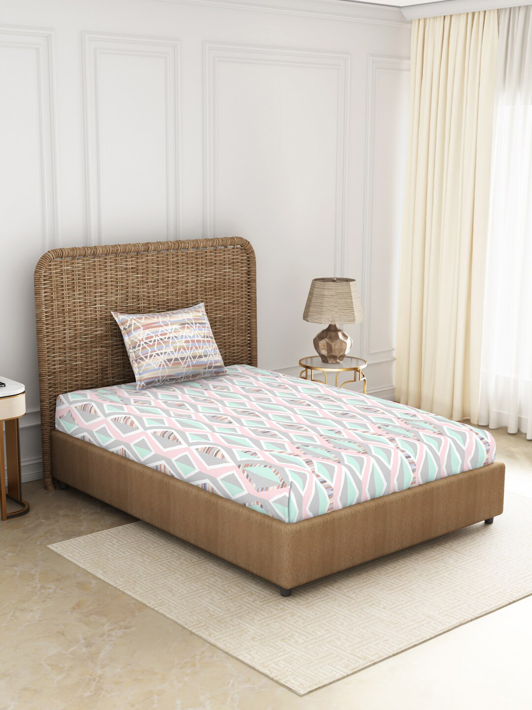 

SPACES Grey & Pink Geometric 144 TC Cotton Single Bedsheet with 1 Pillow Covers