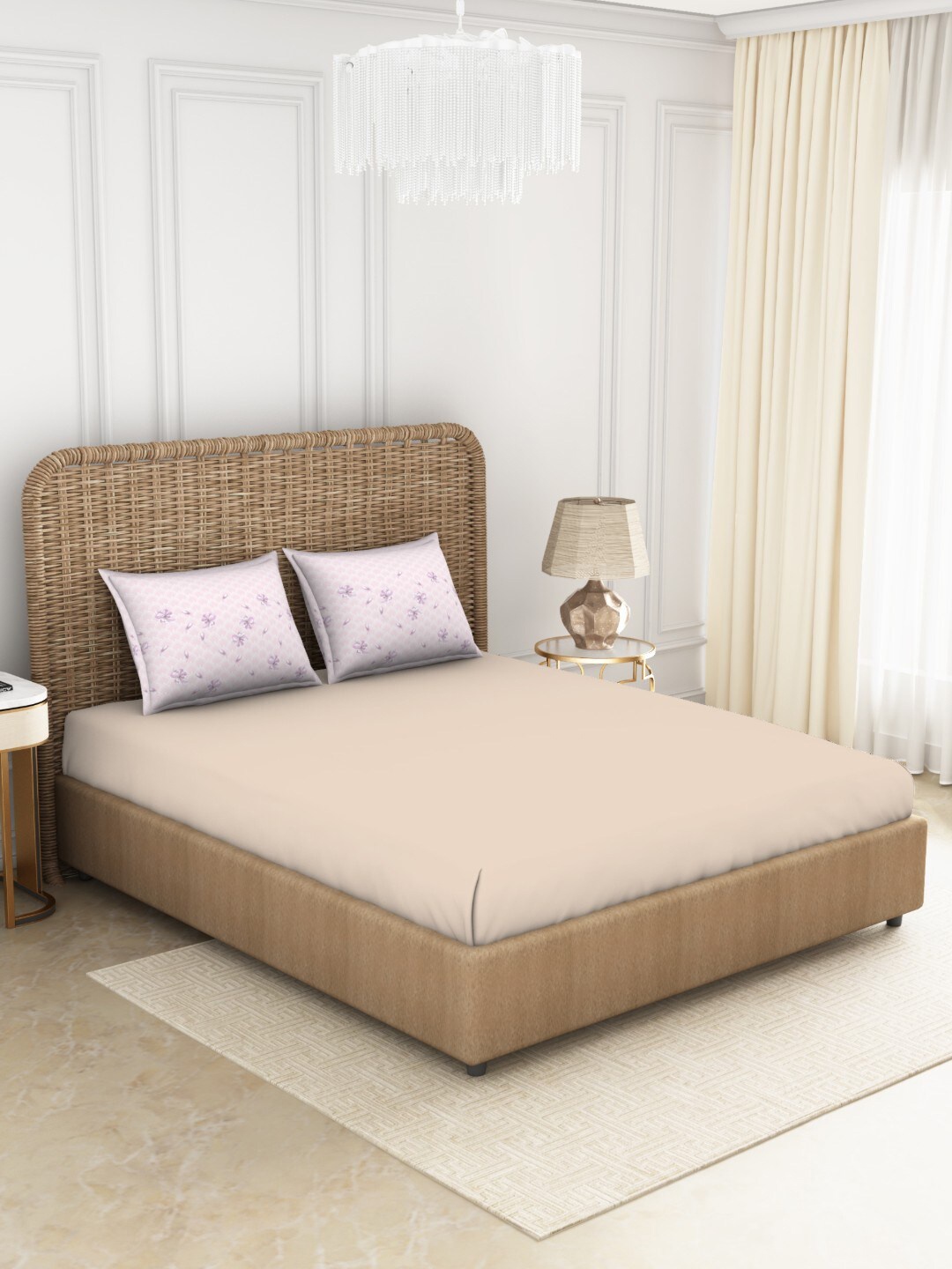 

SPACES Beige & Pink 144 TC Queen Pure Cotton Anti-Viral Bedsheet with 2 Pillow Covers