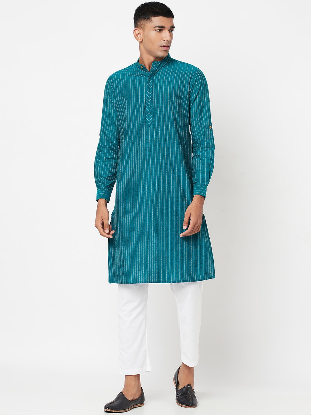 

Fabindia Men Teal Striped Flared Sleeves Thread Work Anarkali Kurta