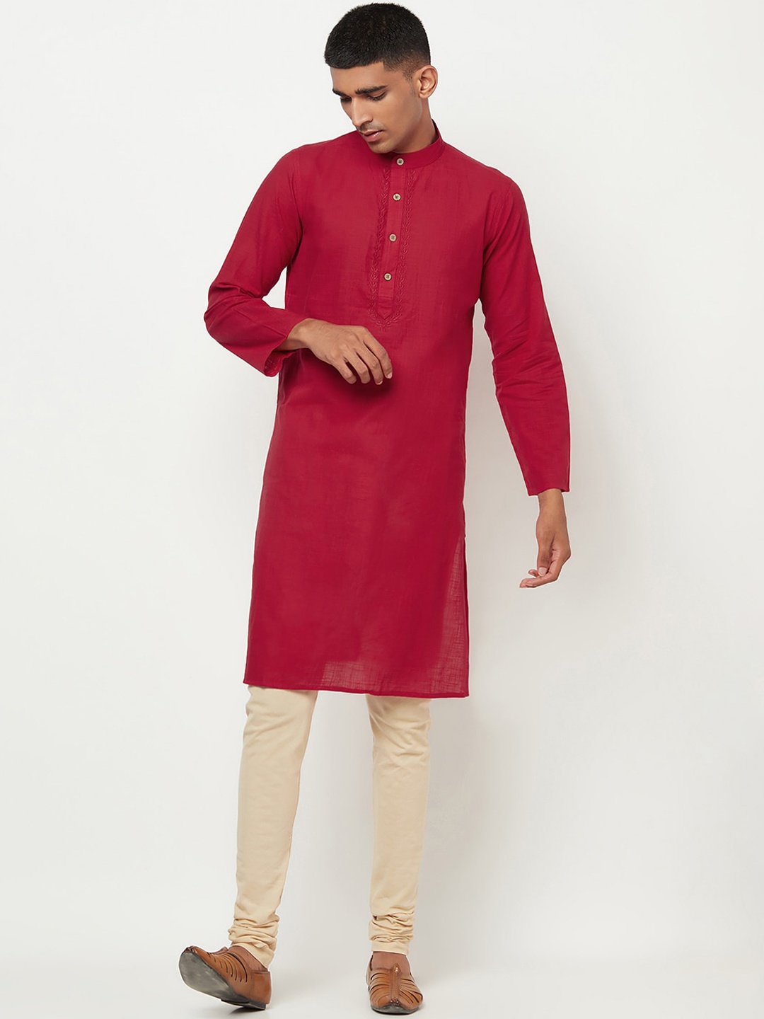 

Fabindia Men Red Yoke Design Thread Work Kurta