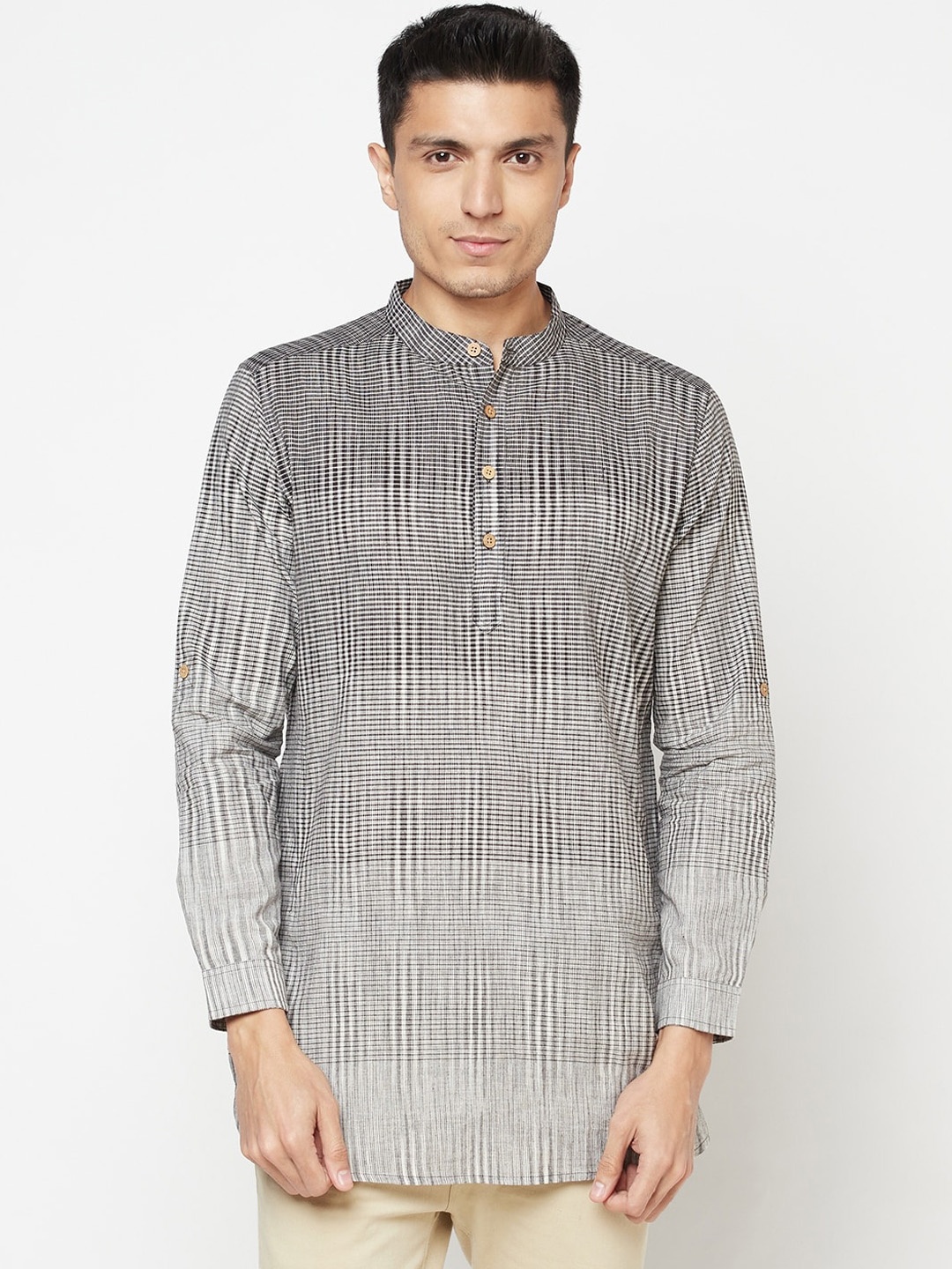 

Fabindia Men Grey Striped Patchwork Kurta