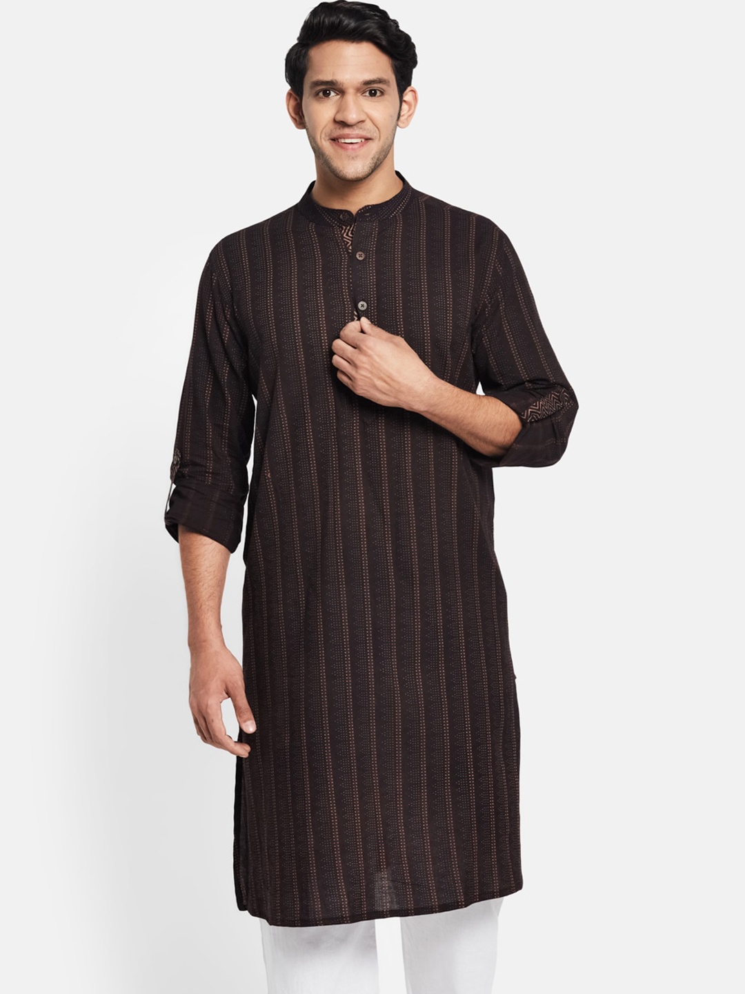 

Fabindia Men Brown Block Print Thread Work Cotton Kurta