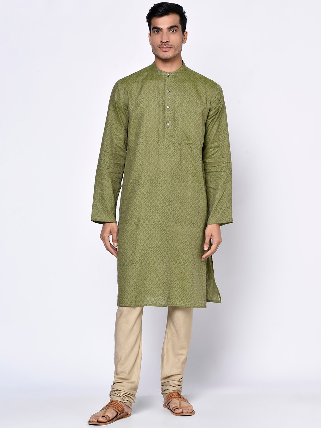 Fabindia Men Green Linen Block Printed Slim Fit Kurta