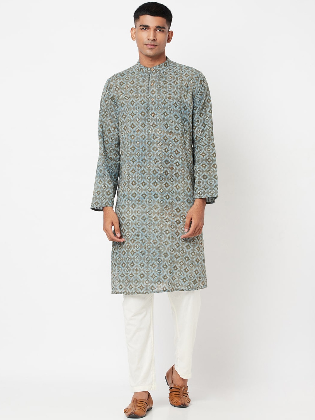 

Fabindia Men Grey Geometric Printed Handloom Cotton Kurta