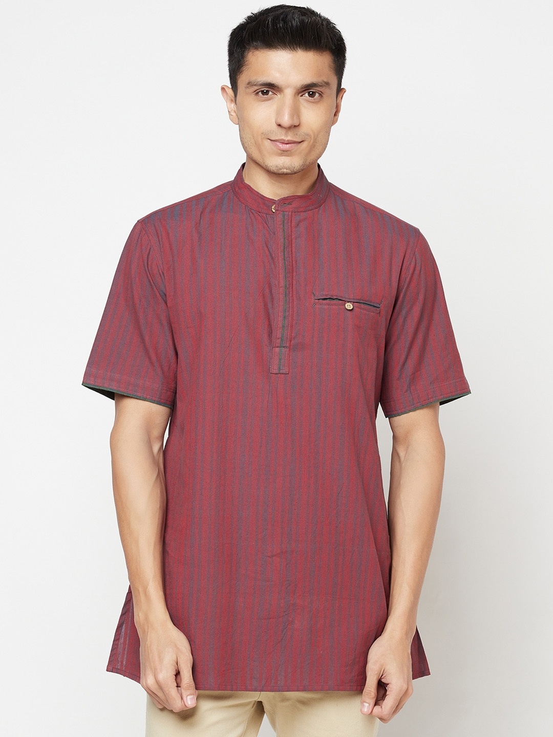 

Fabindia Men Red & Blue Striped Cotton Kurta