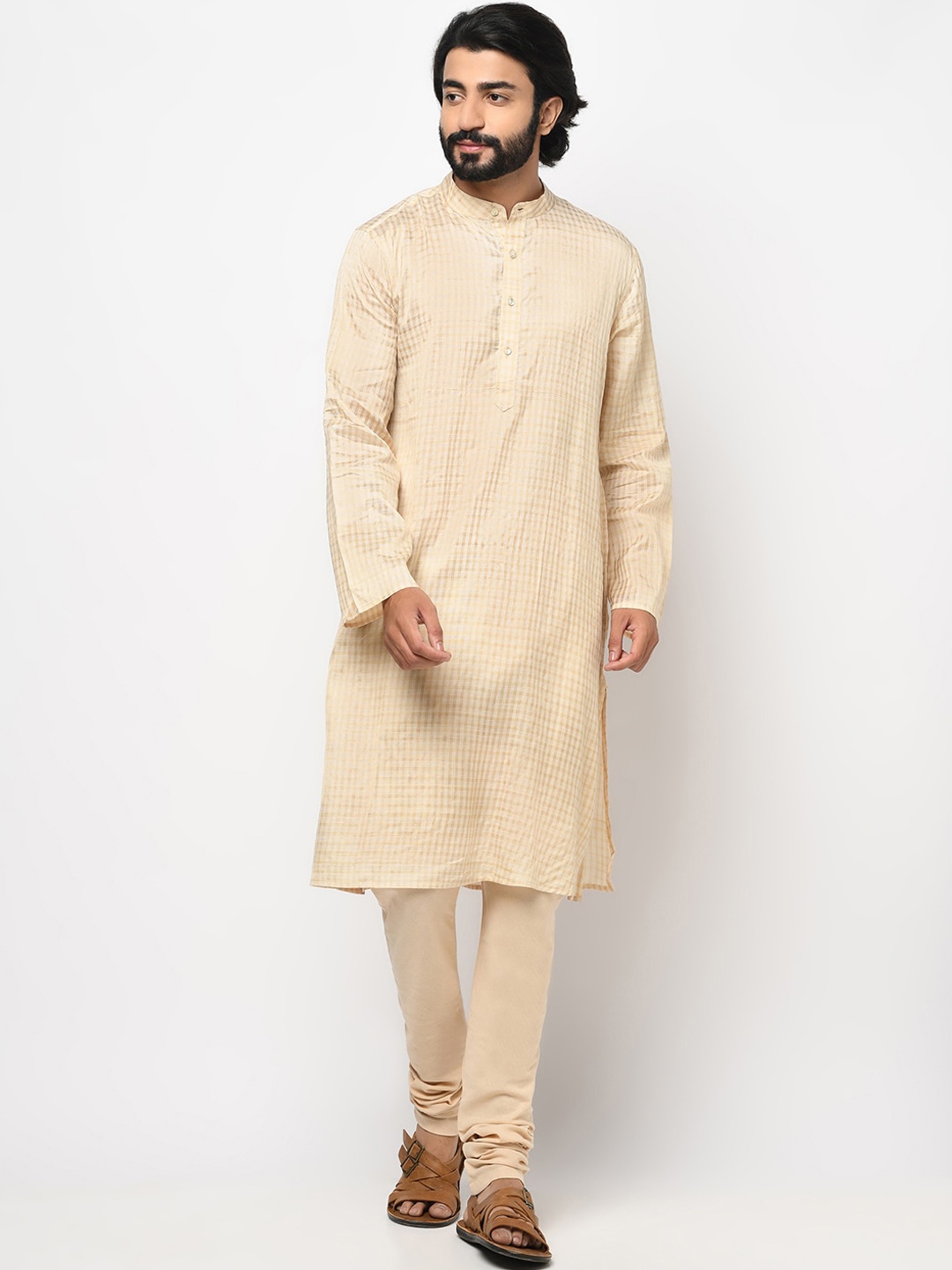 

Fabindia Men Cream-Coloured & White Checked Kurta