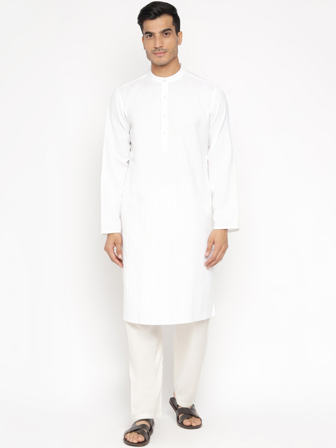 

Fabindia Men White Striped Cotton Dobby Kurta