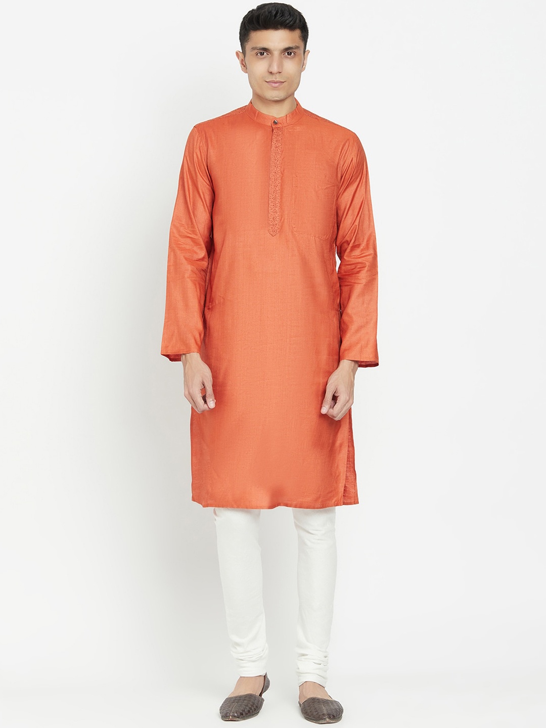 

Fabindia Men Orange Solid Thread Work Kurta