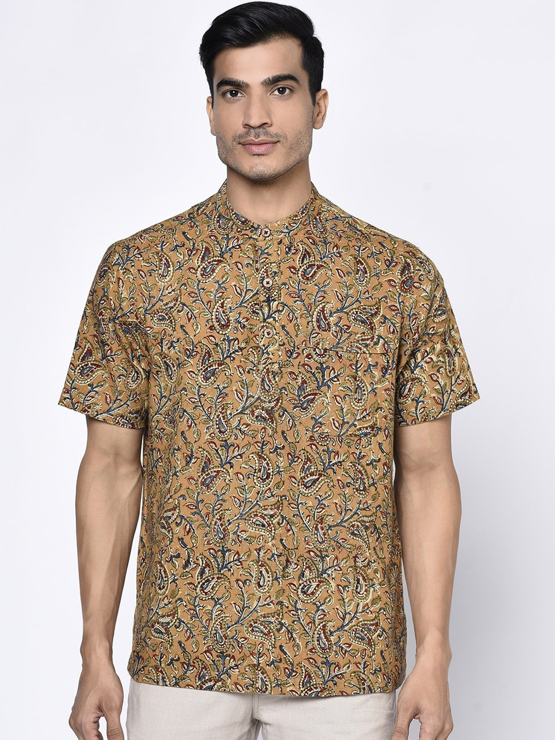 

Fabindia Men Mustard Yellow Floral Printed Cotton Kurta