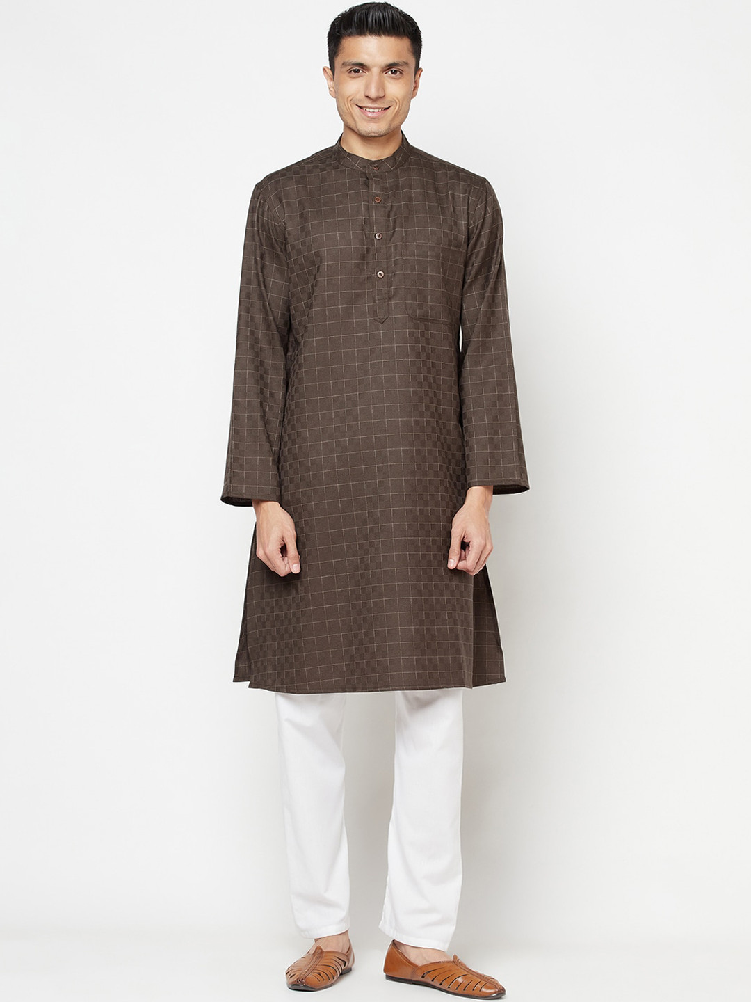 

Fabindia Men Olive Green Checked Woollen Kurta