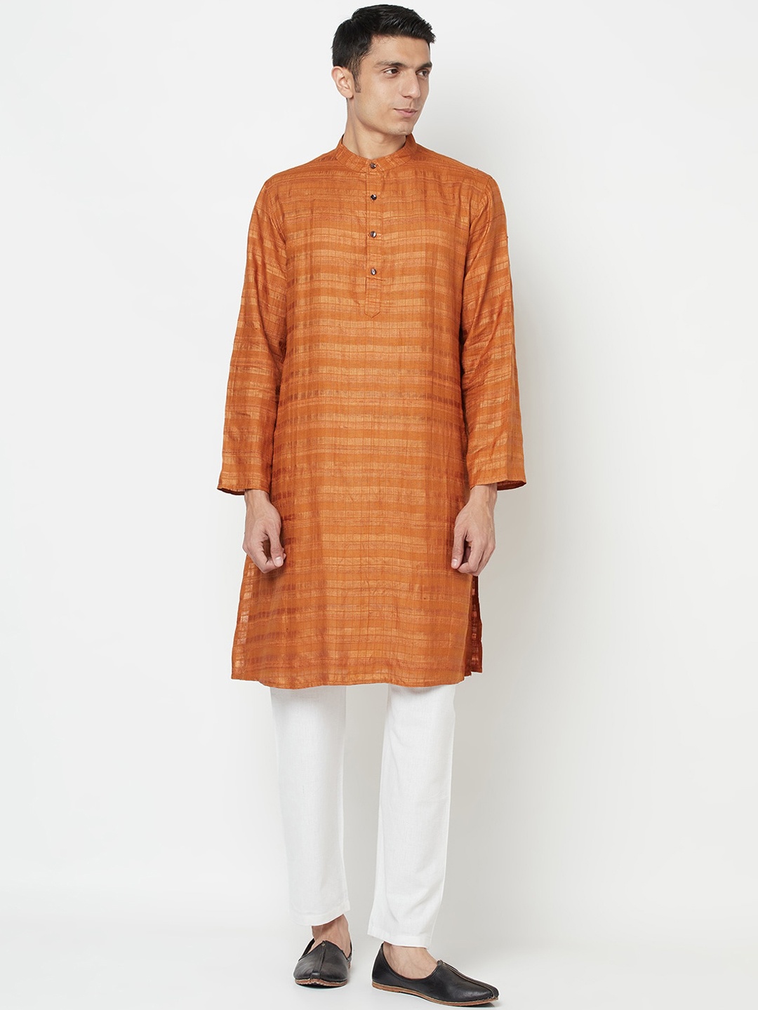 

Fabindia Men Mustard Yellow Ghicha Checked Silk Tussar Kurta