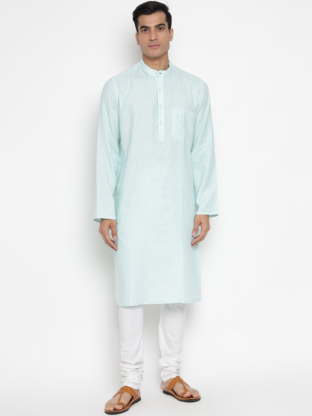 

Fabindia Men Green Solid Dobby Kurta