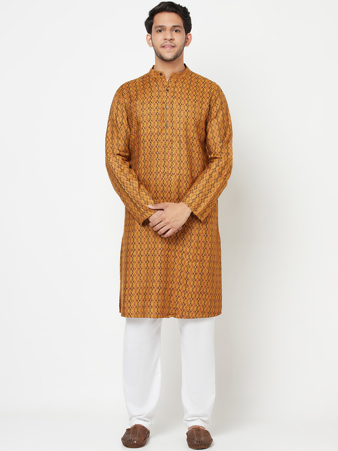

Fabindia Men Mustard Yellow Checked Kurta