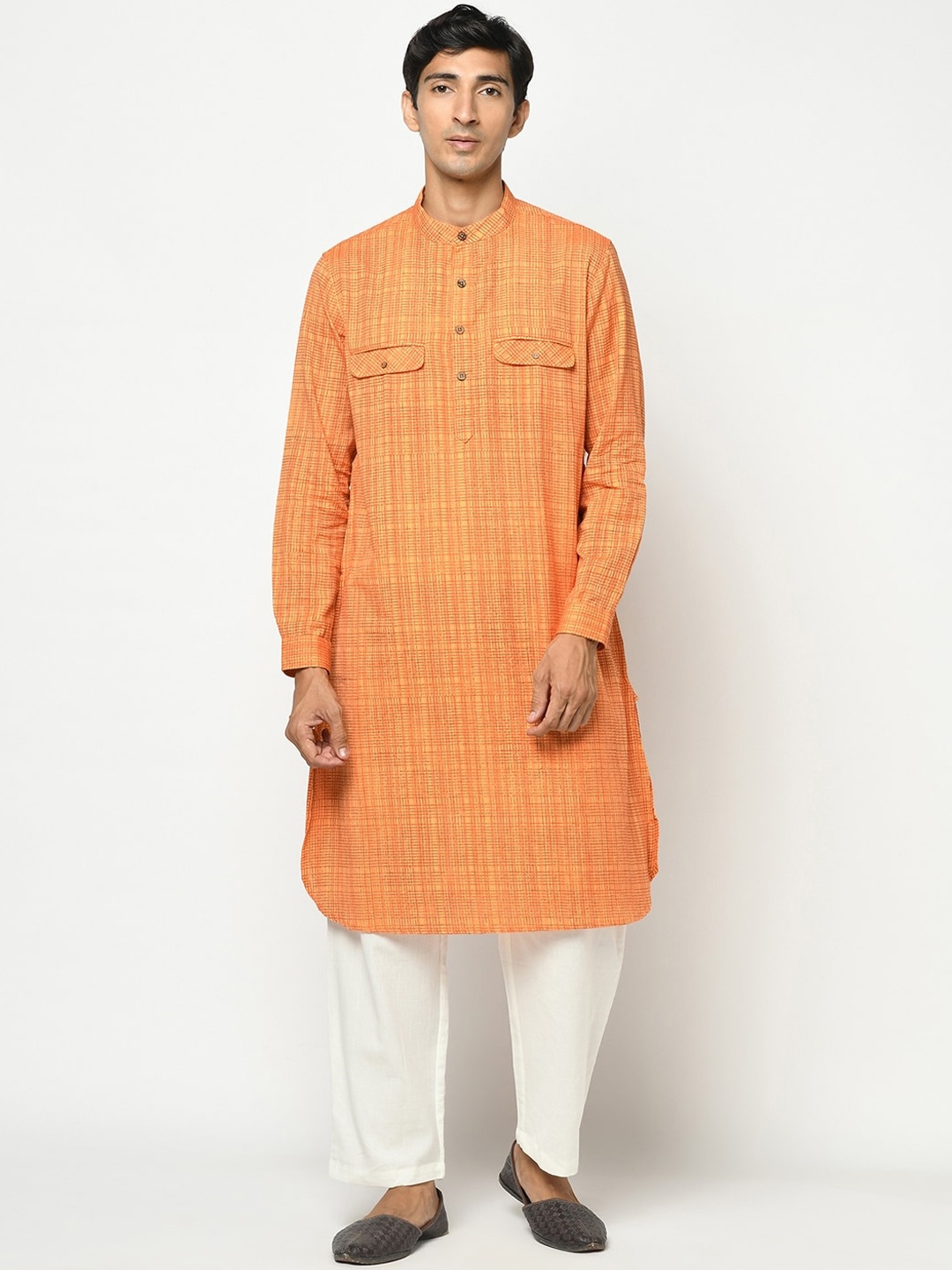 

Fabindia Men Yellow Striped Thread Work Kurta