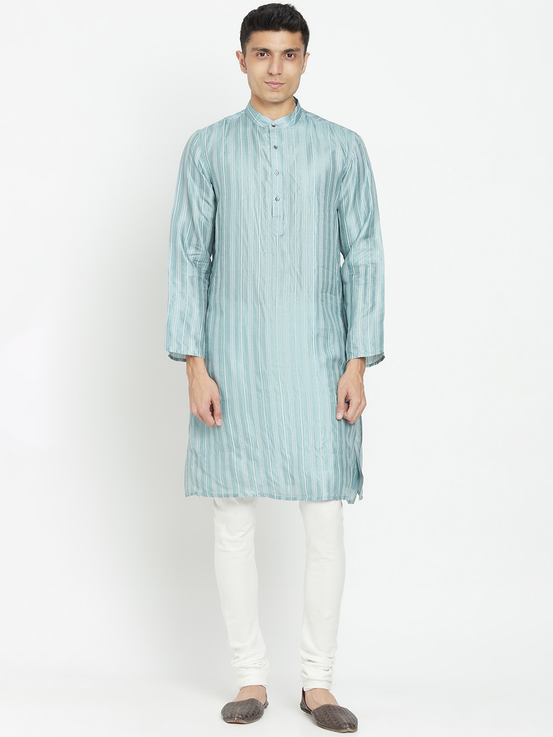 

Fabindia Men Blue Striped Flared Sleeves Thread Work Dobby Kurta