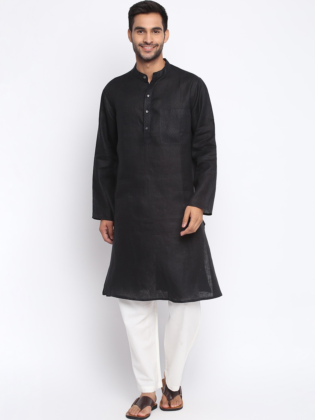 

Fabindia Men Black Thread Work Dobby Kurta