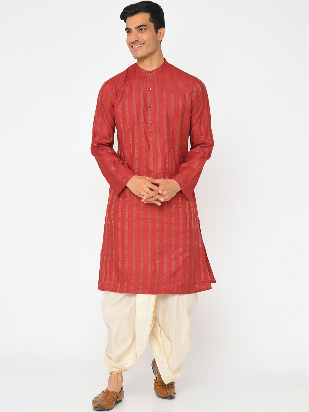 

Fabindia Men Red Striped Dobby Kurta