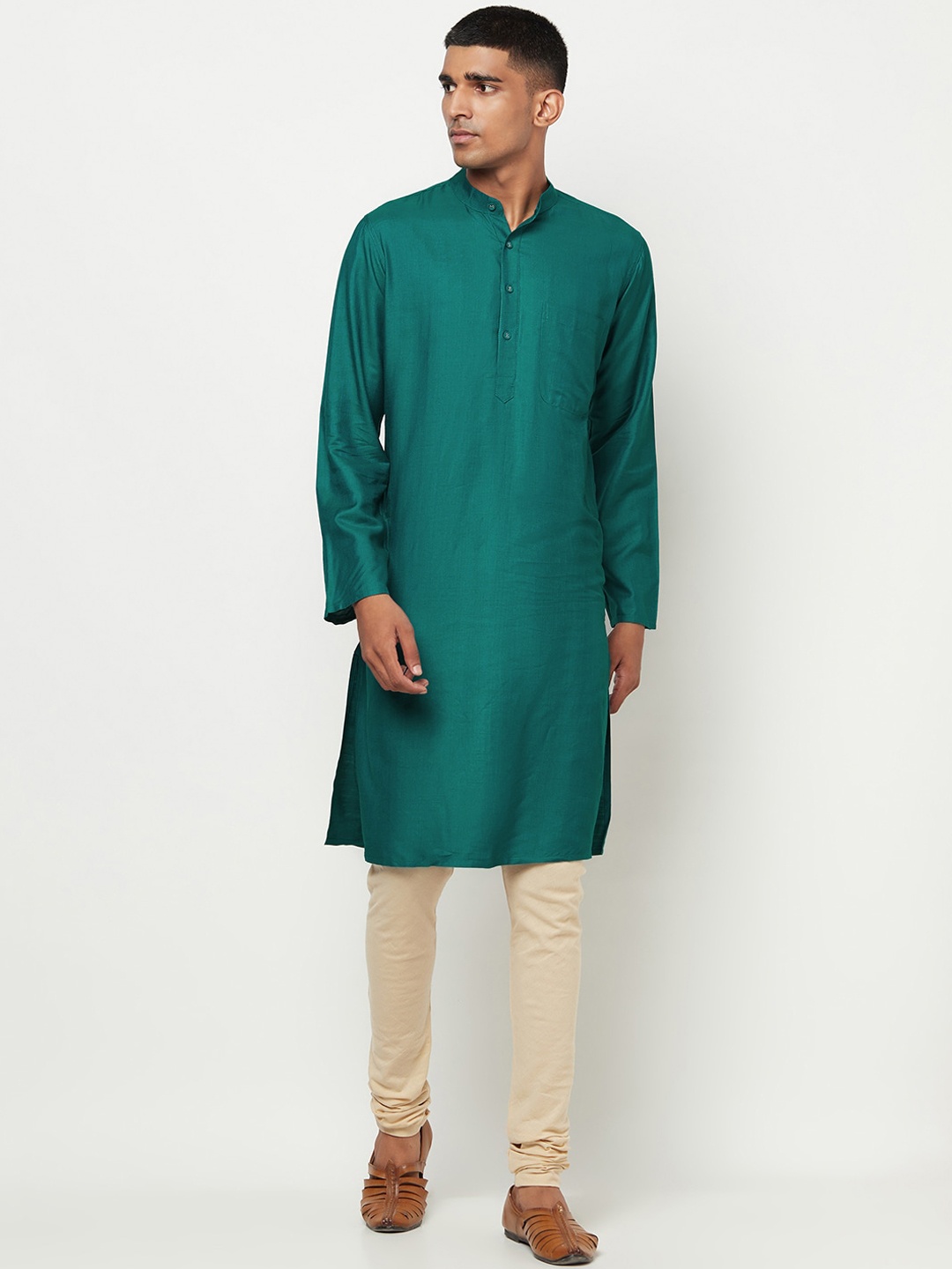 

Fabindia Men Teal Flared Sleeves Thread Work Kurta