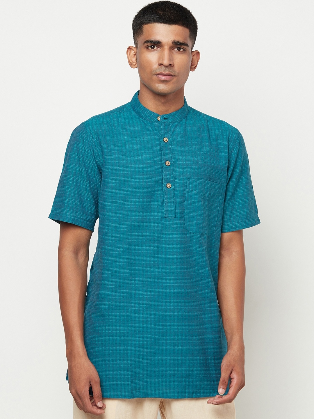 

Fabindia Men Teal Checked Cotton Kurta