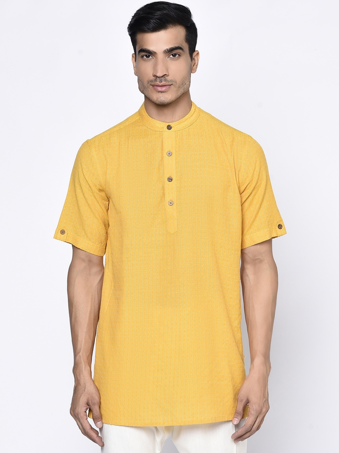 

Fabindia Men Yellow Solid Cotton Dobby Kurta