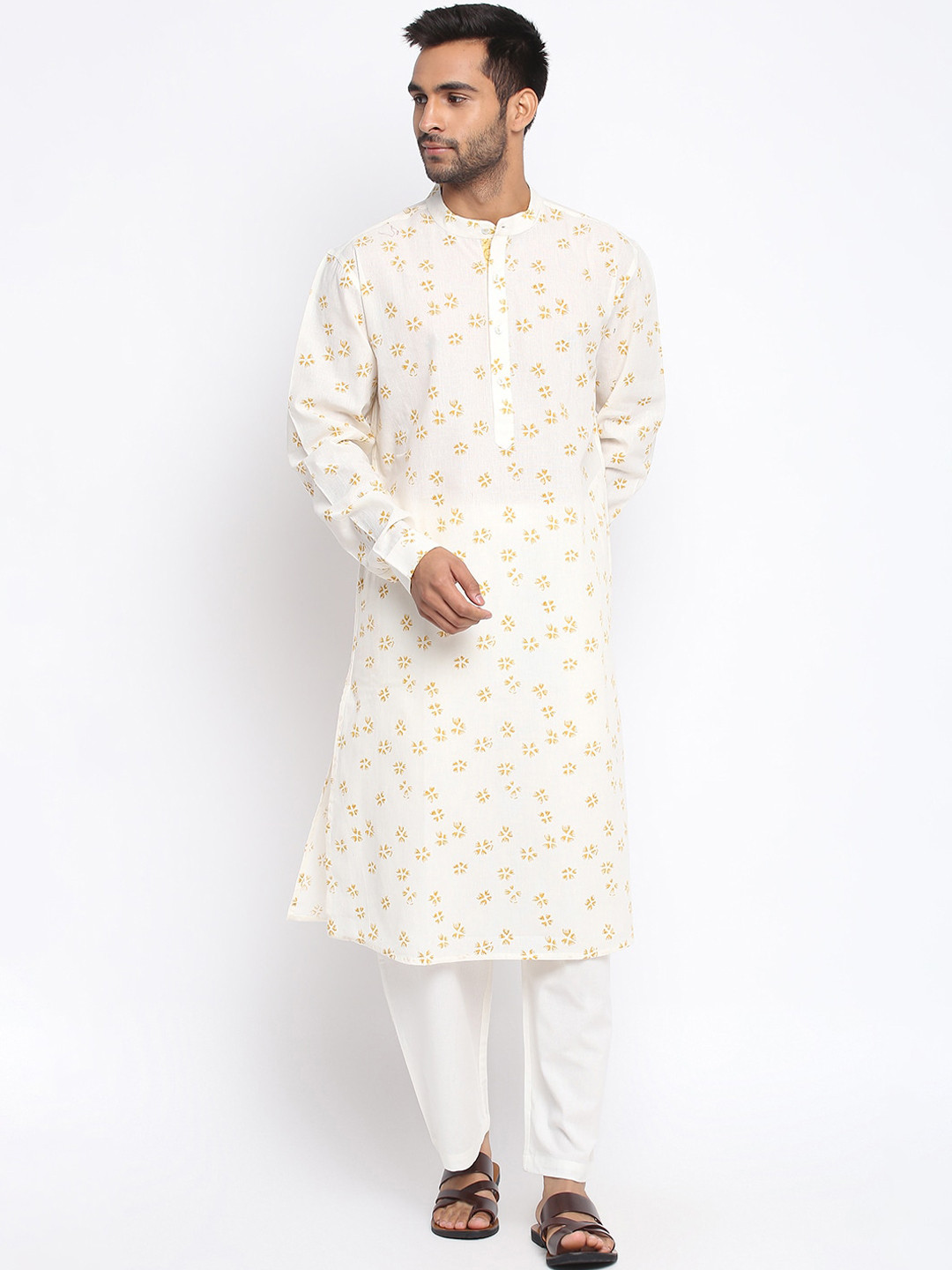 

Fabindia Men White & Yellow Floral Printed Kurta