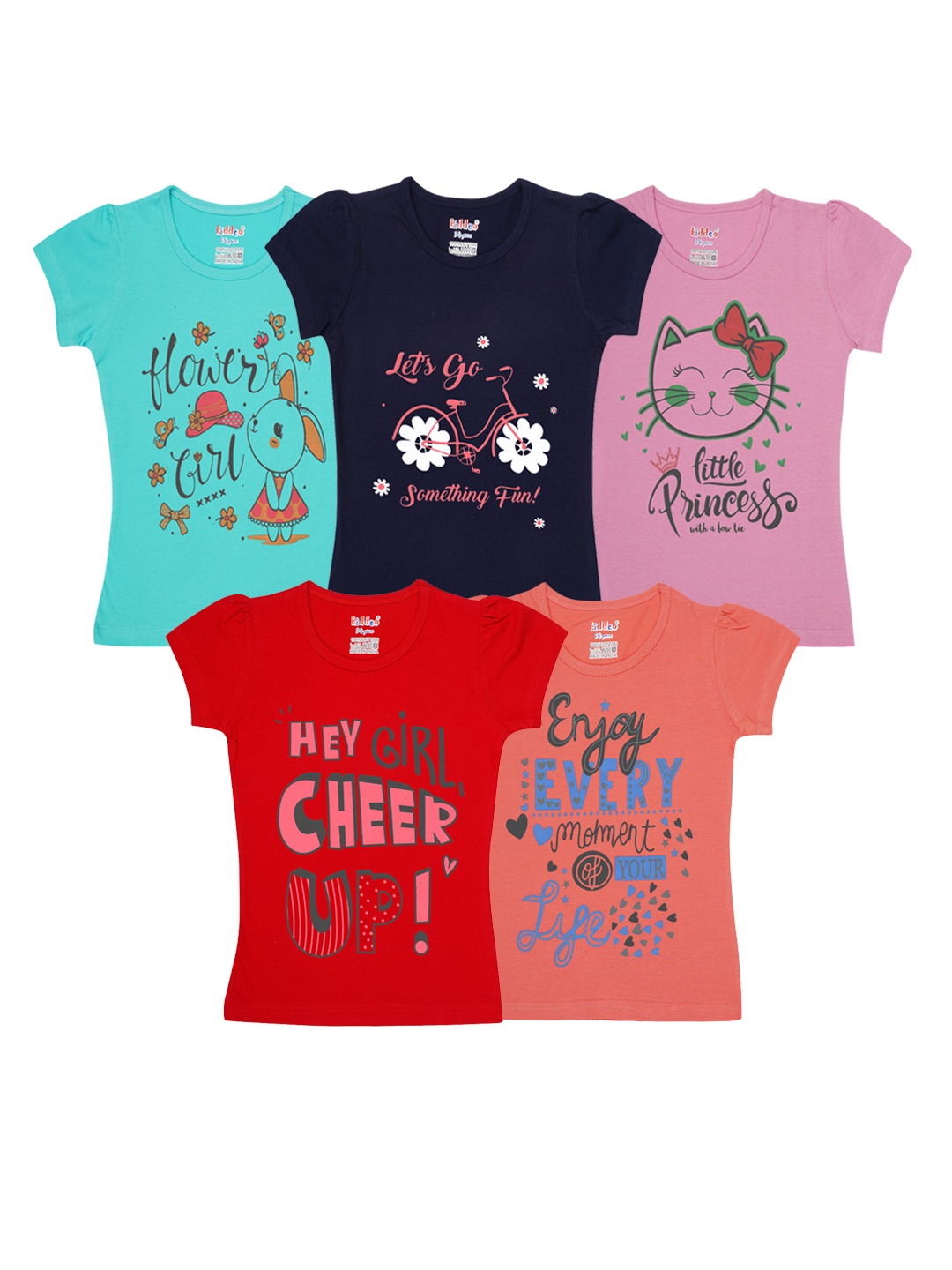 

Kiddeo Girls Multicoloured Typography Set Of 5 Printed Cotton T-shirt, Multi
