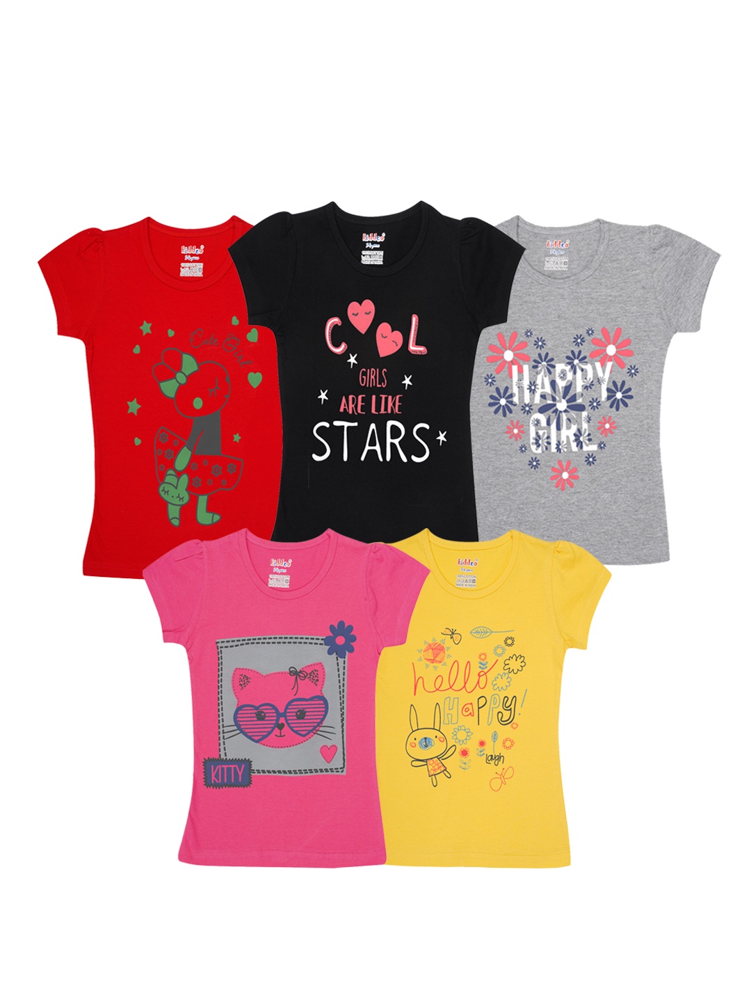 

Kiddeo Girls Multicoloured Typography Set Of 5 Printed Cotton T-shirt, Multi