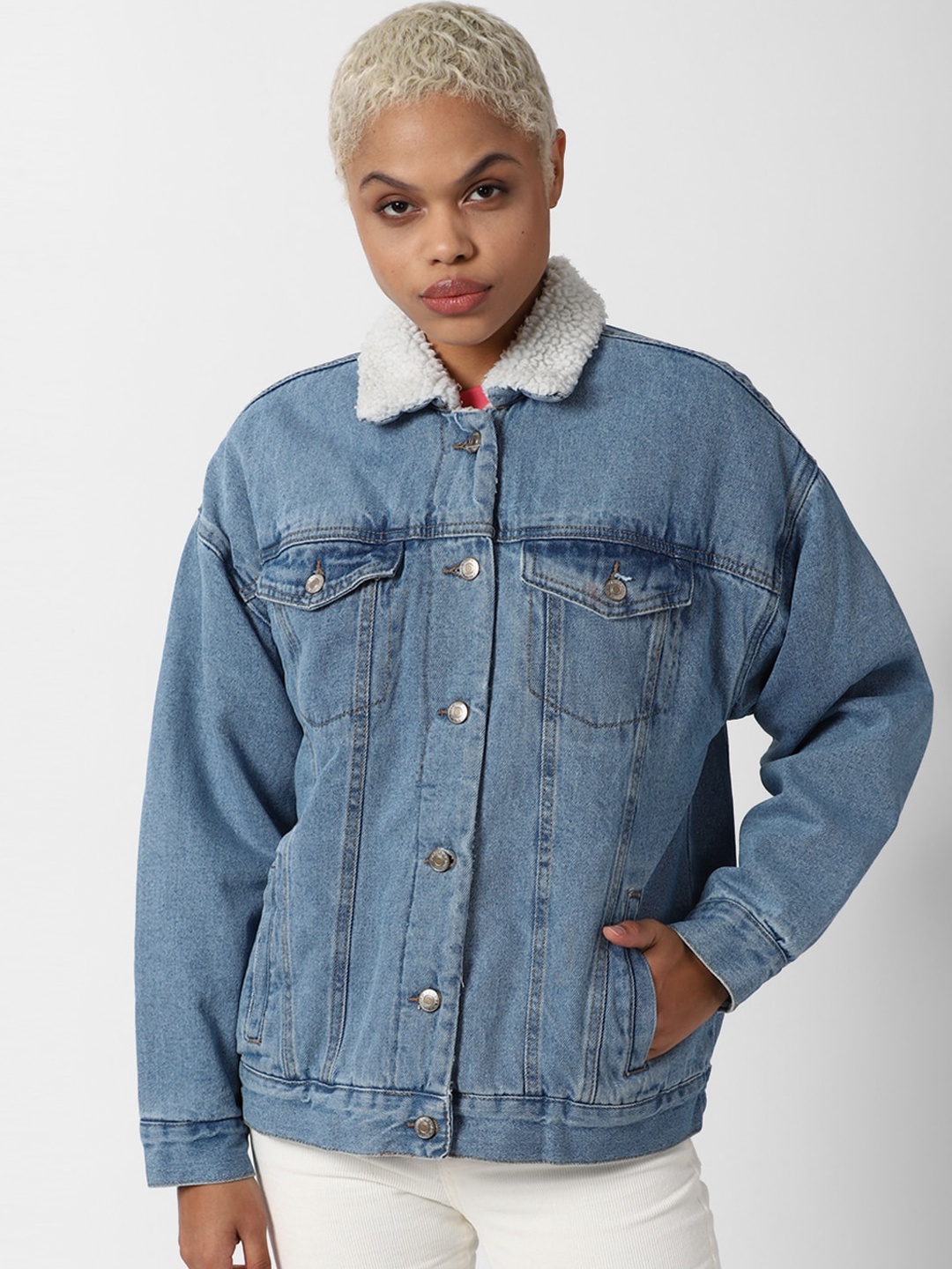 

FOREVER 21 Women Blue Washed Pure Cotton Denim Jacket