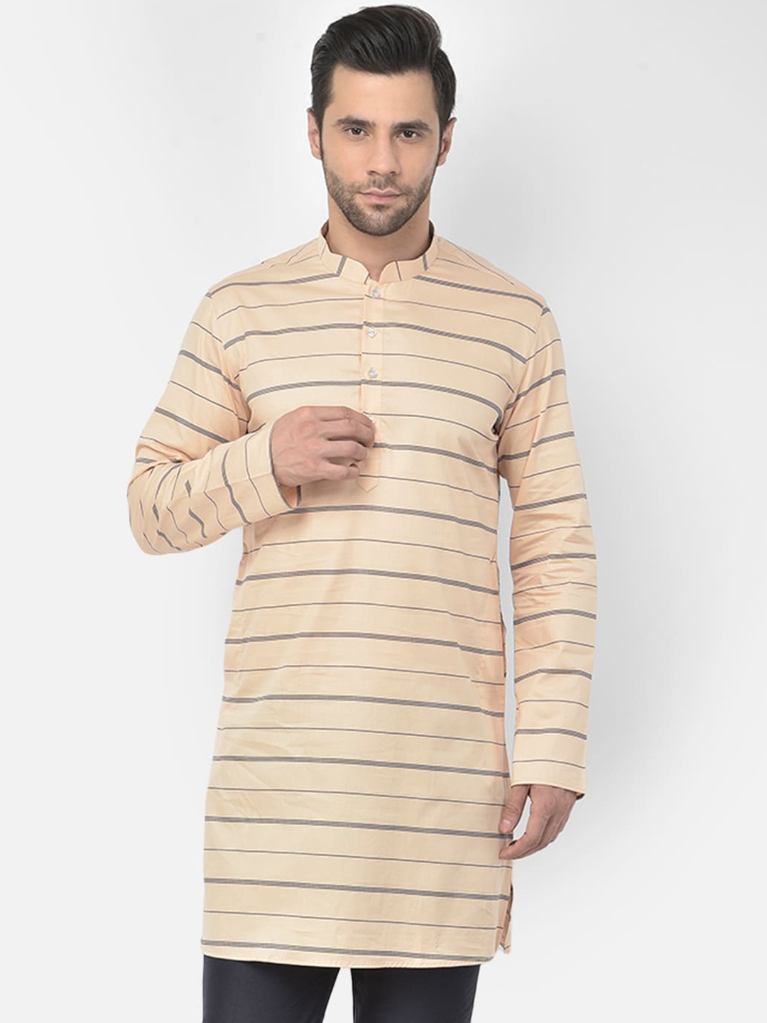 

DEYANN Men Peach-Coloured Striped Cotton Kurta