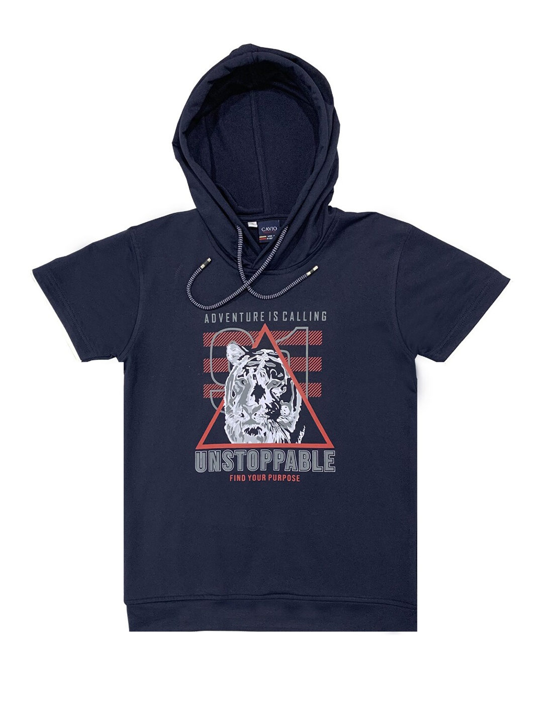 

CAVIO Boys Navy Blue Printed Hooded T-shirt