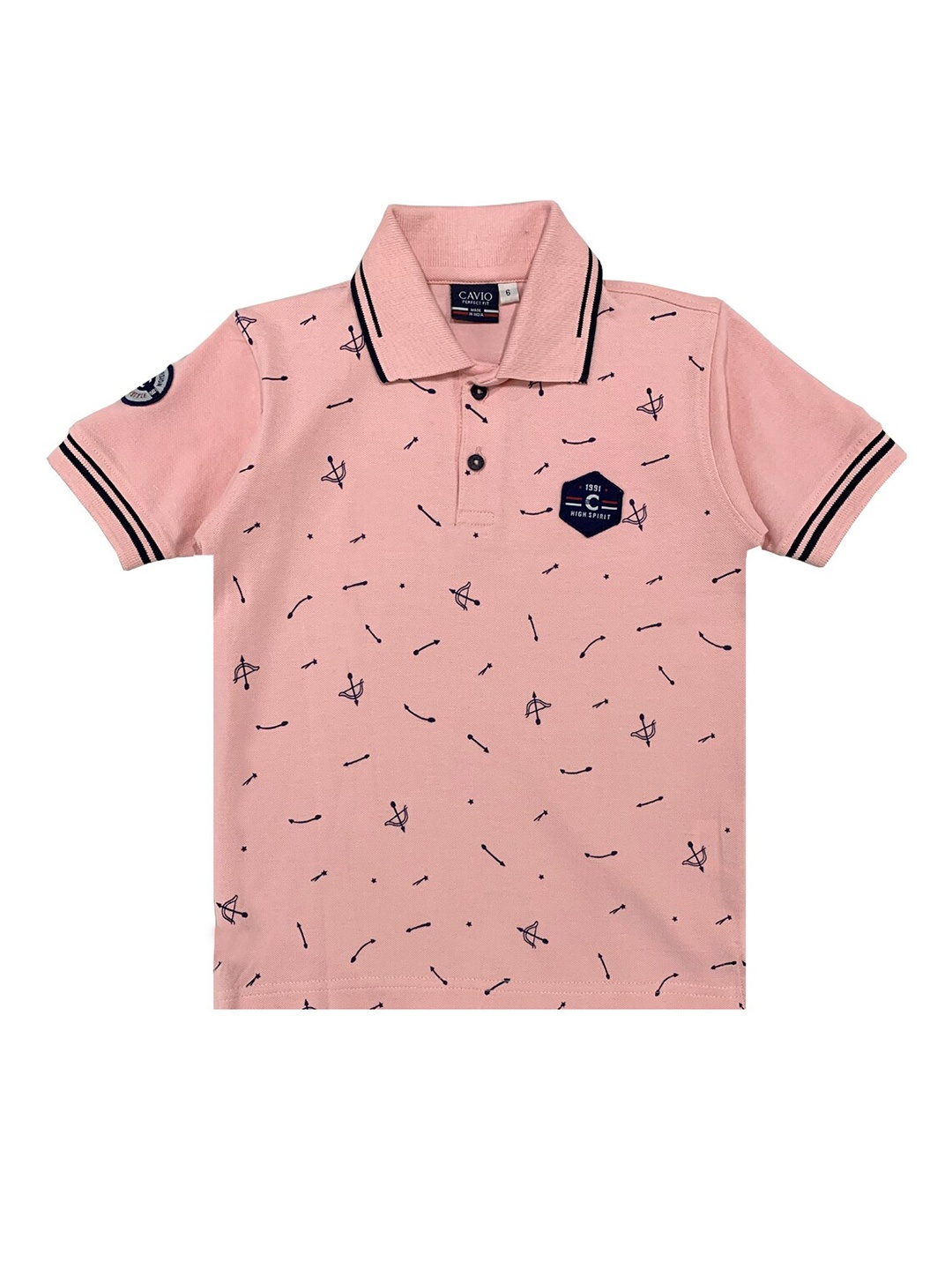 

CAVIO Boys Pink Printed Polo Collar T-shirt