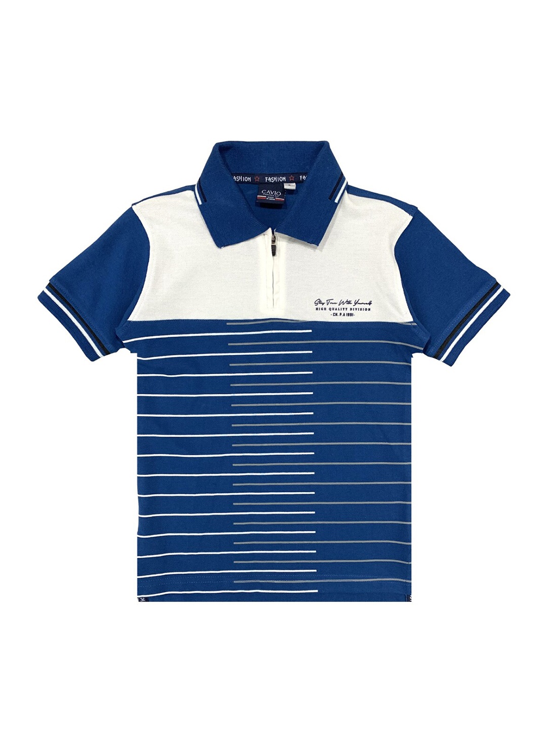 

CAVIO Boys Blue & White Striped Polo Collar T-shirt