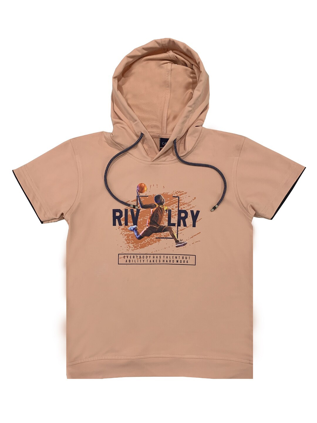 

CAVIO Boys Peach-Coloured & Black Sports Printed Hooded T-shirt