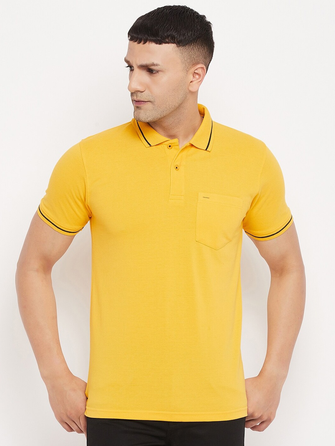 

Okane Men Yellow Polo Collar Cotton Blend T-shirt