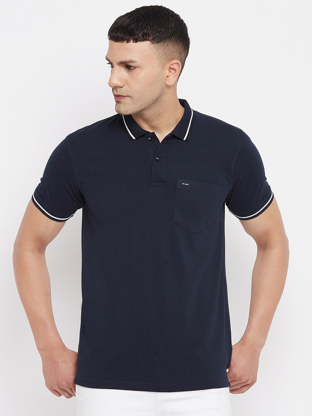 

Okane Men Navy Blue Polo Collar Cotton Blend T-shirt