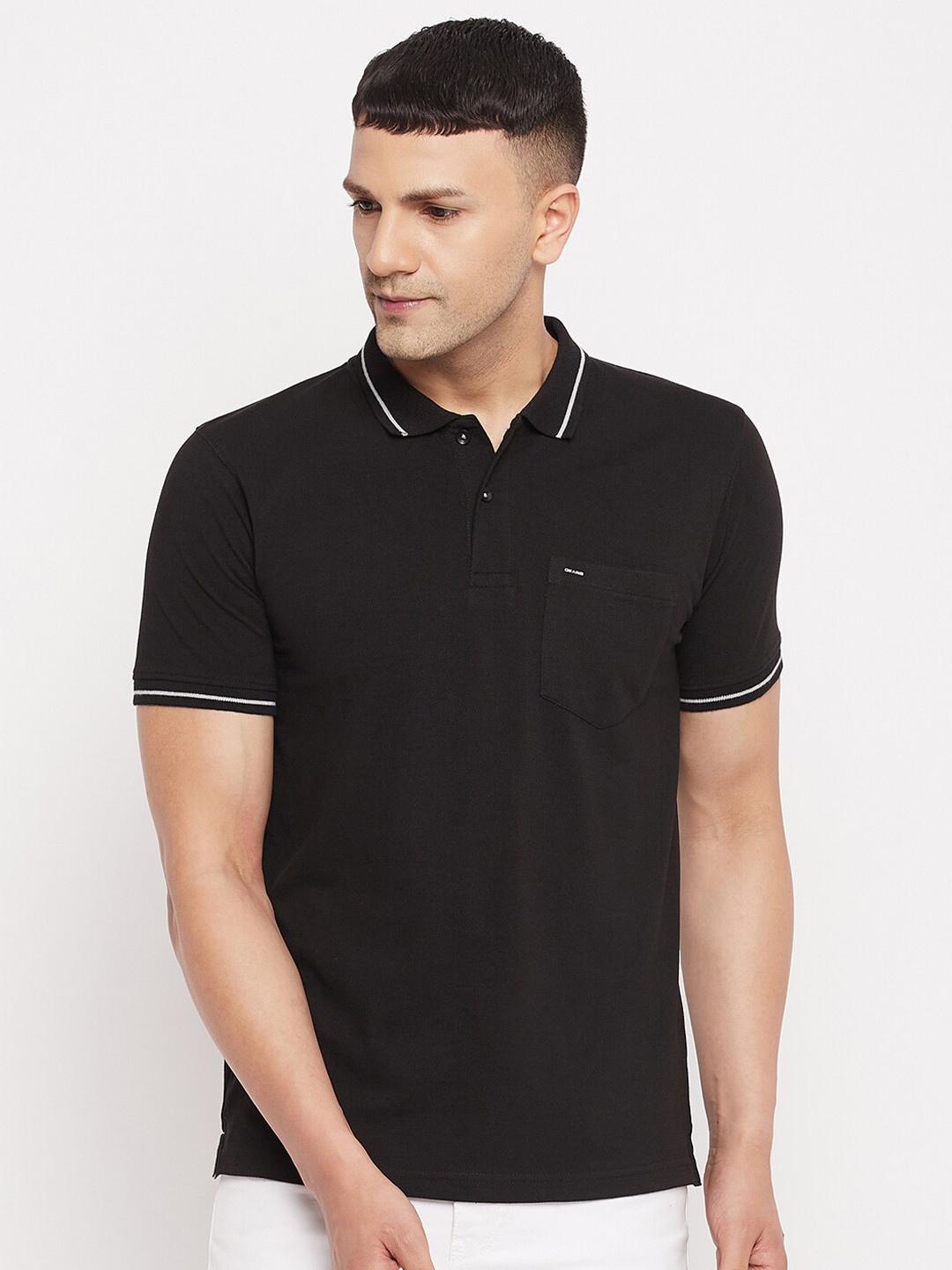 

Okane Men Black Polo Collar Cotton Blend T-shirt