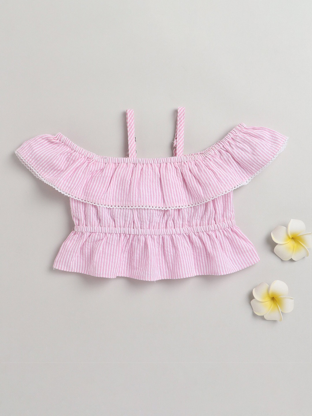 

taffykids Girl Pink Striped Off-Shoulder Ruffles Bardot Pure cotton Top