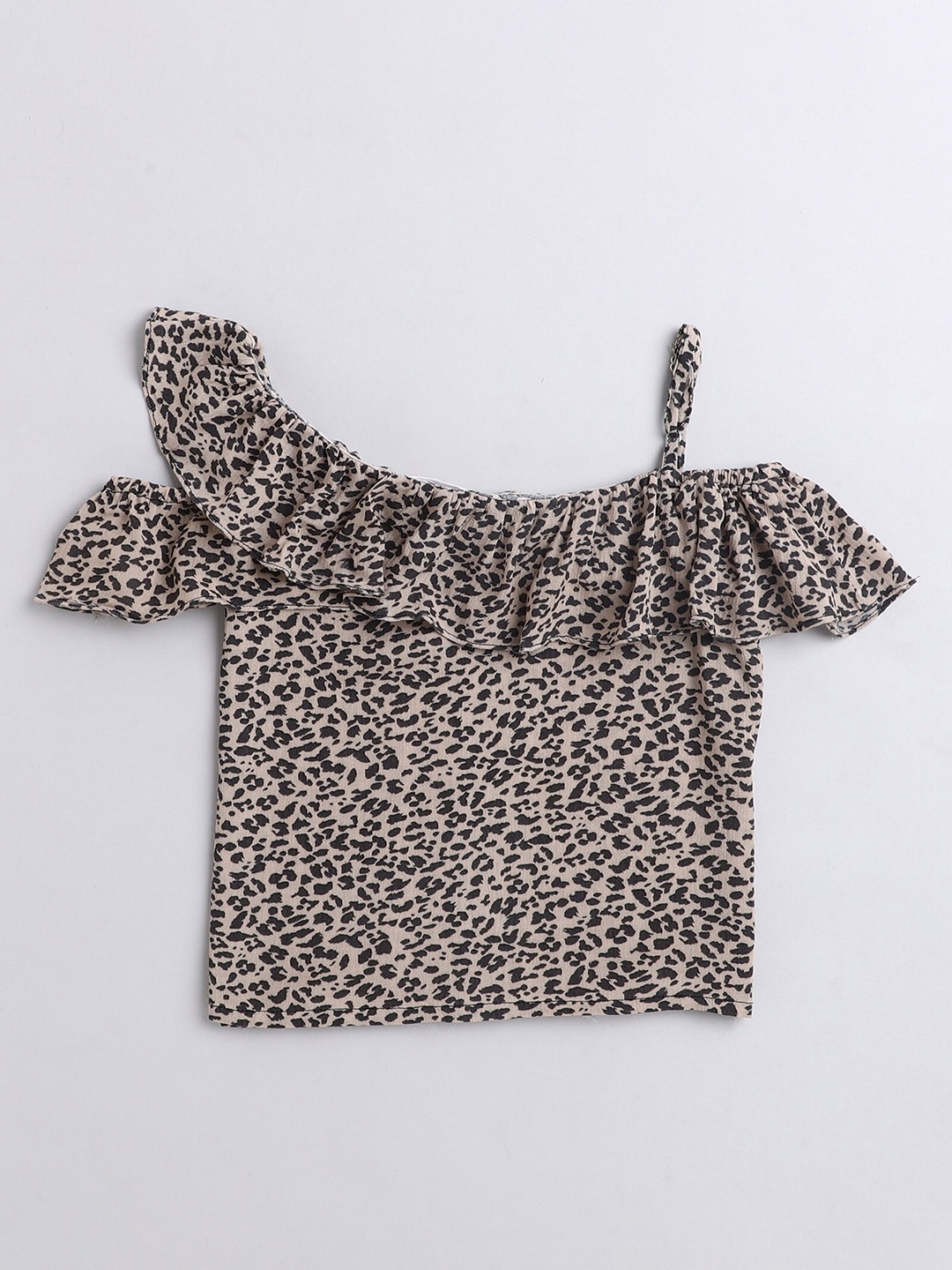 

taffykids Brown Animal Print Off-Shoulder Ruffles Bardot Top