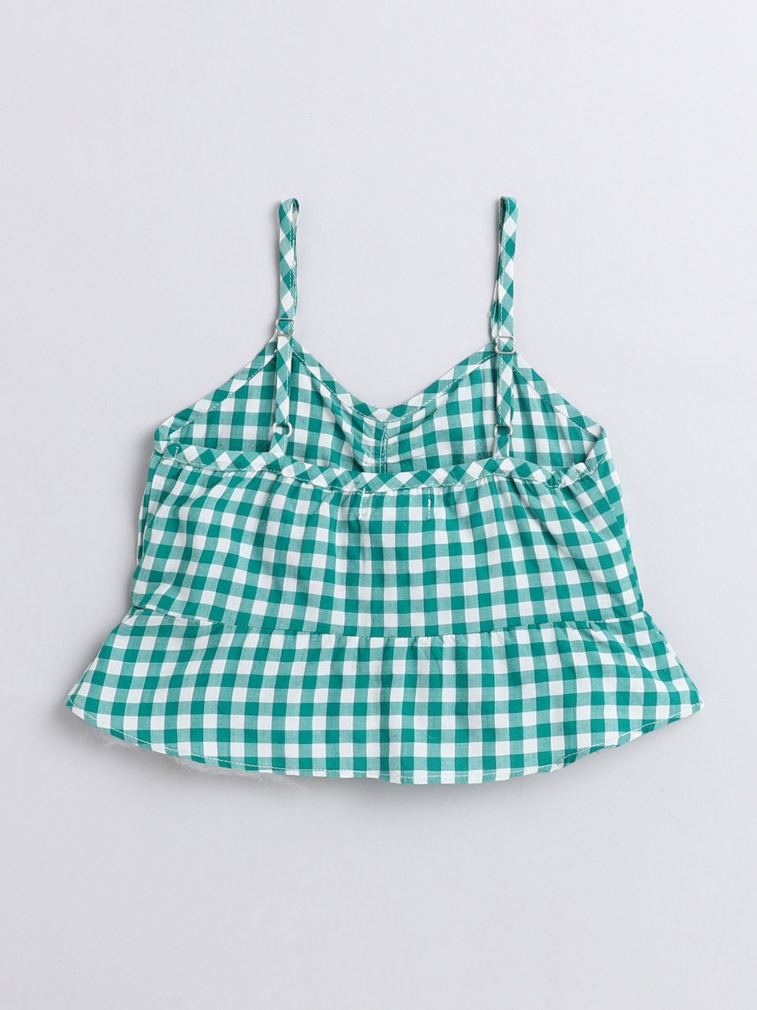 

taffykids Girls Green Checked Shoulder Strap Sleeveless Pleated Geometric Peplum Top