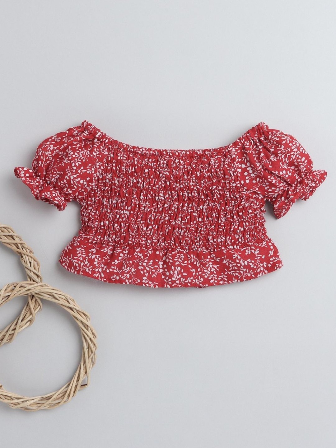 

taffykids Red Floral Print Off-Shoulder Bardot Top