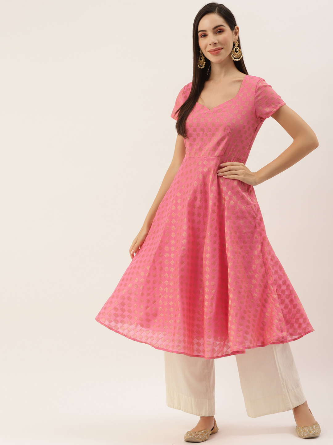 

Aayna Women Pink & Golden Ethnic Motifs Brocade Kurta