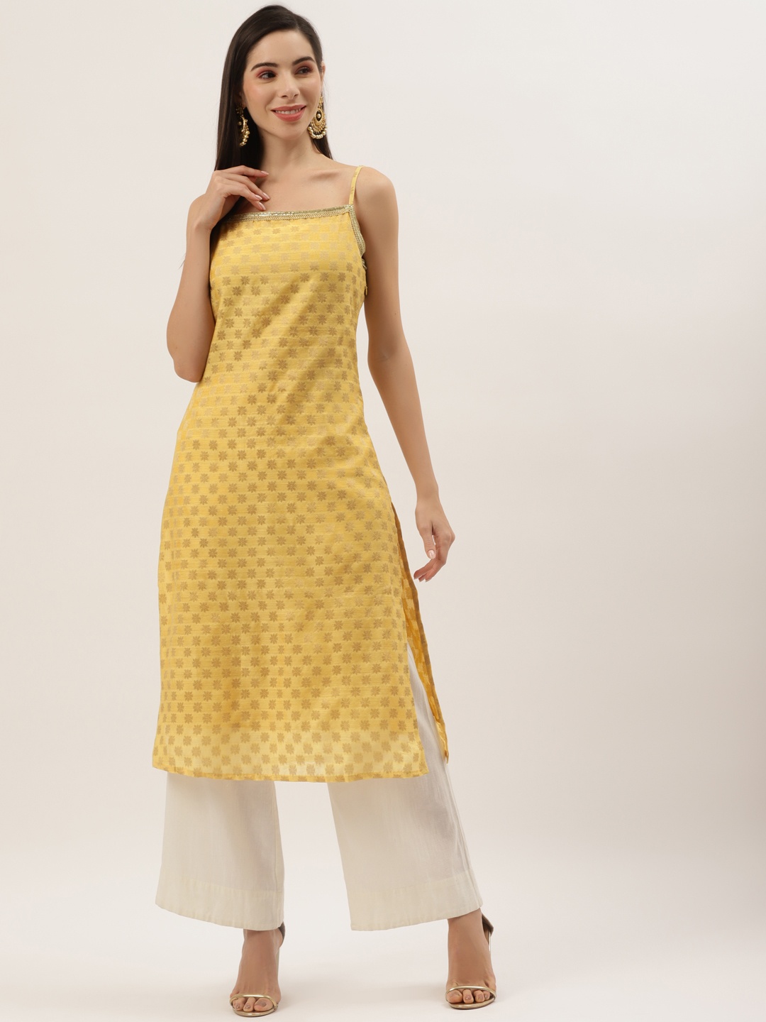 

Aayna Women Yellow & Golden Ethnic Motifs Brocade Kurta
