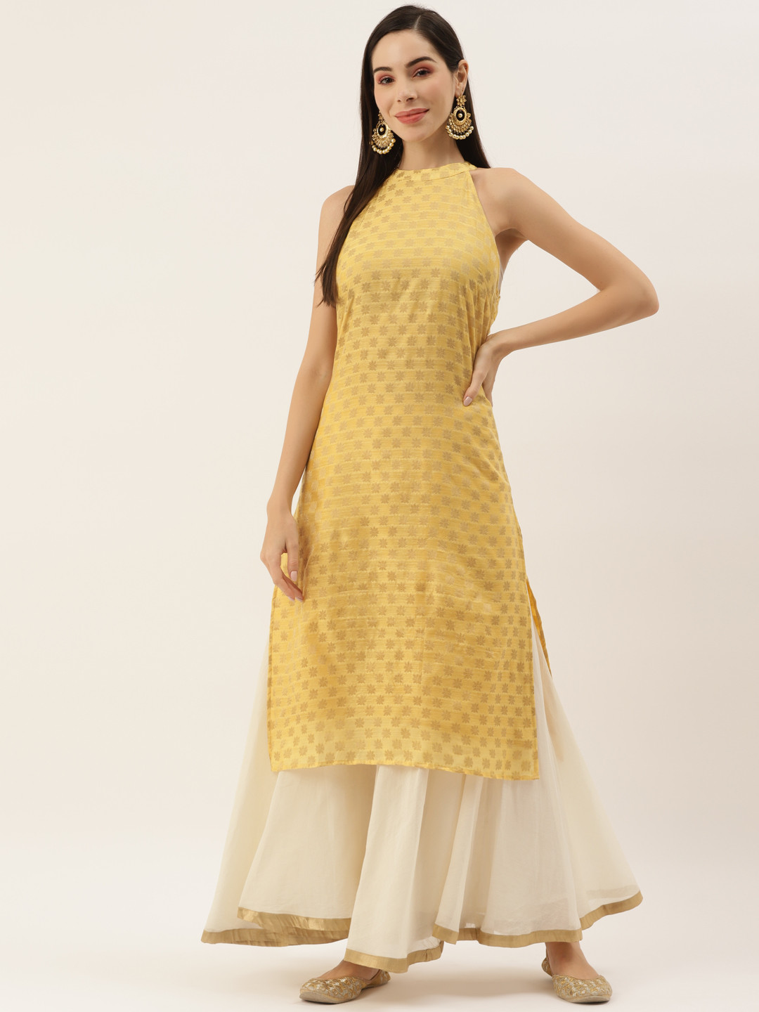 

Aayna Women Yellow & Golden Ethnic Motifs Brocade Kurta
